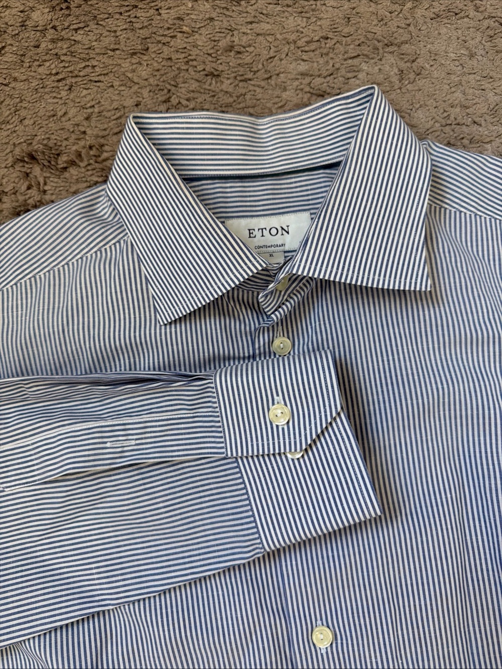 Eton Mens XL Blue White Striped Contemporary Fit 44 17.5 Cotton